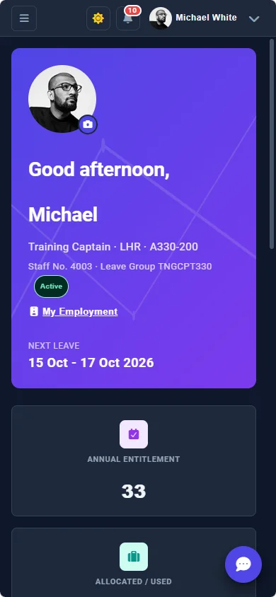 Crew Portal home on a phone, greeting the crew member with their next leave and annual entitlement