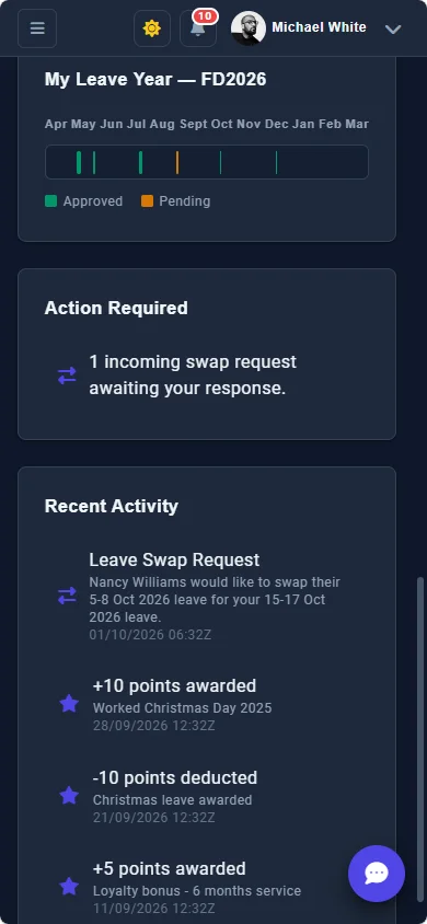 Crew Portal leave-year timeline, an action required for a swap request, and recent activity