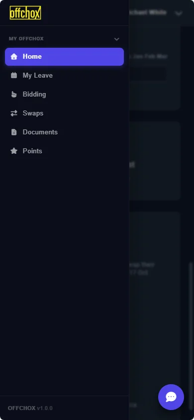 Crew Portal menu: home, my leave, bidding, swaps, documents and points
